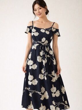 Jonathan Martin Floral Midi Dress - Size 11 - Waist-Cinching Tie Back -